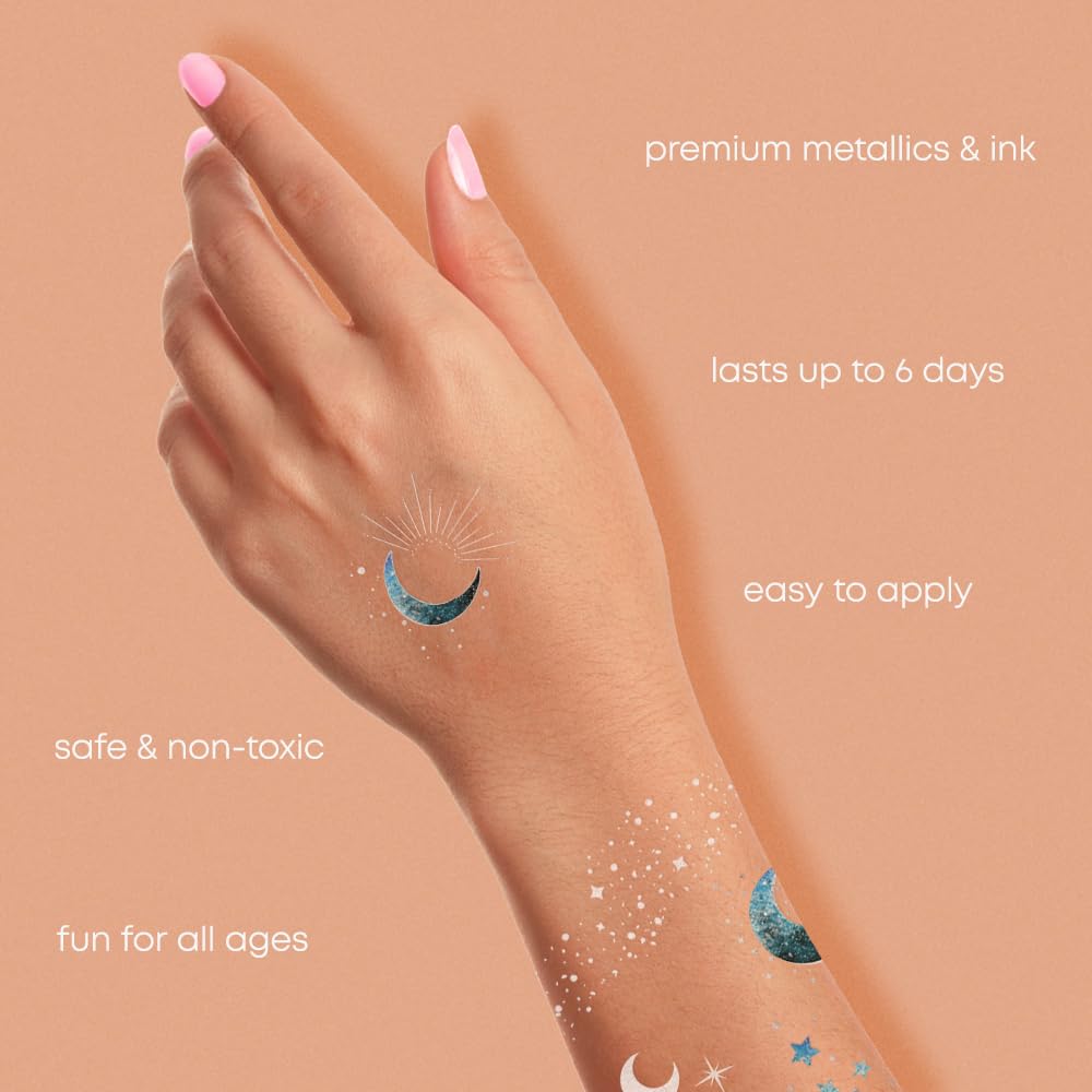 Flash Tattoos MOONLIGHT Silver Glitter Face Freckles and Body Tattoos – 25 Premium Celestial Magic Metallic Patches with Cosmic Stars & Moons - Festival & Concert Makeup, Parties, Face Gem Beauty