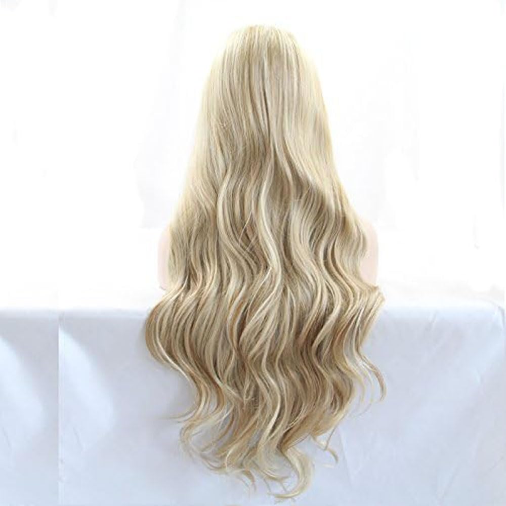 xiweiya Long Mixed Blonde Wavy Wig Highlight Gold Synthetic Lace Front Wigs Body Wave with Heat Resistant Fiber for Women Drag Queen Makeup Everyday Wig 24 inches