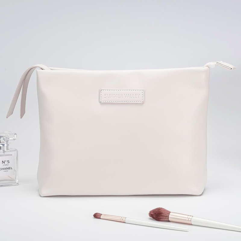 Makeup Bag Organizer - Waterproof PU Leather Cosmetic Bag | Large Travel Clutch Purse (Cream)