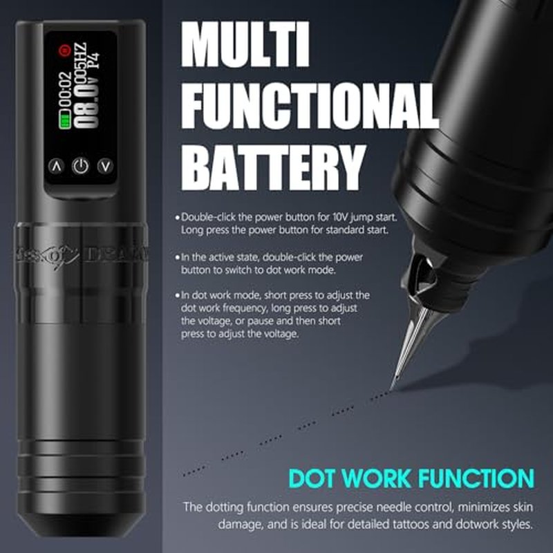 Tattoo Gun Kit Complete Wireless Tattoo Machine Kit, Kiss of Dragon V1S Rotary Adjustable Stroke Tattoo Pen with 1600 mAh Cordless Battery Tattoo Cartridge Needles Set for Beginners