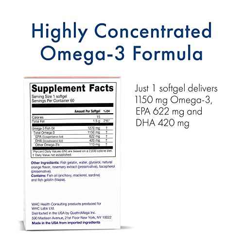 WHC, UnoCardio X2 Fish Oil, Triglyceride Omega-3 Fatty acids, 1270 mg Fish Oil Supplement (622 mg EPA / 420 mg DHA/Total 1150 mg of Omega-3 per Serving), Natural Orange, 60 softgels