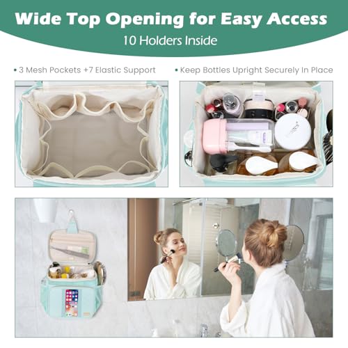 Travel Toiletry Bag for Women, Water Resistant Portable Hanging Toiletry Bags for Traveling, College Dorm, Bathroom, Gym, Shower Caddy, Organizer for Full Sized Bottles, Toiletries (Green)