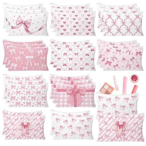 30pcs Pink Bow Makeup Bag Coquette Cosmetic Bags for Women Elegant Bow Preppy Pink Pouch Travel Toiletry Bag Bow Themed Gifts for Women Teens Teen Girls