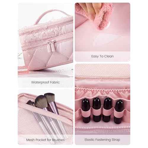LOVEVOOK Travel Makeup Bag,Large Open Flat Tolietry Bag for Women,Waterproof Portable Cosmetic Pouch,Double Layer Quilted Makeup Bag Organizer With Handle,Travel Essentials,Gift for Her