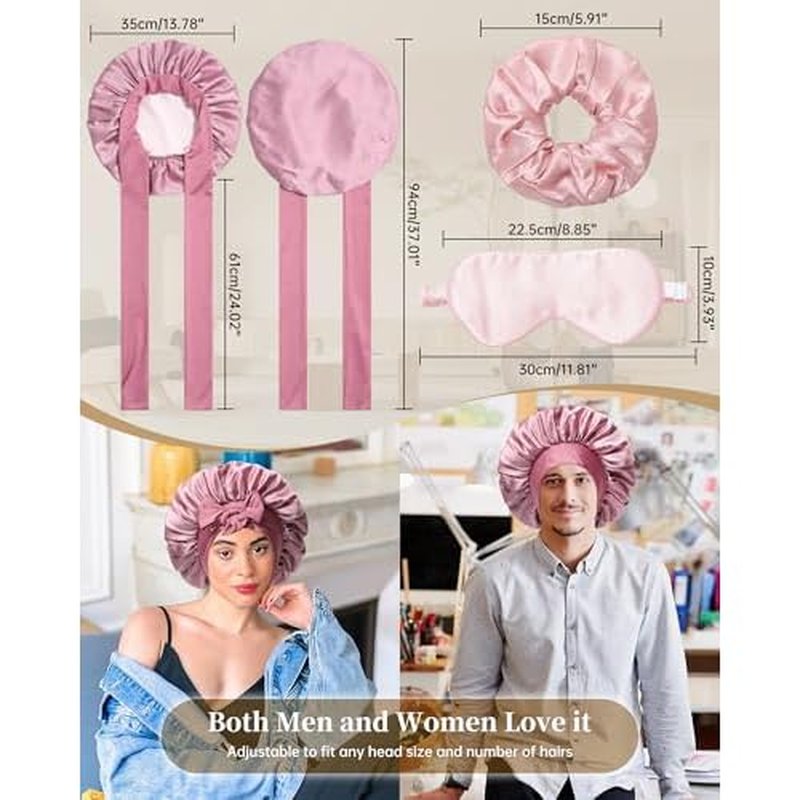 100% Mulberry Silk Bonnet for Sleeping Women Silk Hair Bonnet Elastic Tie Band Hair Wrap with Silk Hair Scrunchies and Silk Sleep Eye Mask(Bean Paste+Pink)