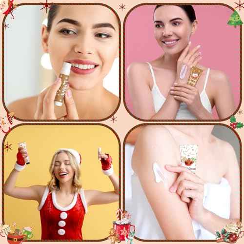 Demissle 12 Pcs Christmas Hot Cocoa Supplies Xmas Party Stuffers Christmas Stocking Favors Xmas Red Green Hand Cream and Lip Balm Gifts Set for Baby Shower Guests