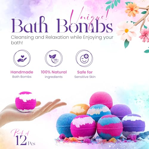 Bath Bombs for Women Pack of 12 Handmade for Women Gift Set, All Natural with Essential Oils, Shea Butter & Luxurious Bubbles - Relaxing Bath Bombs for Adults, Spa Fizzies, Moisturizing Bath Balls