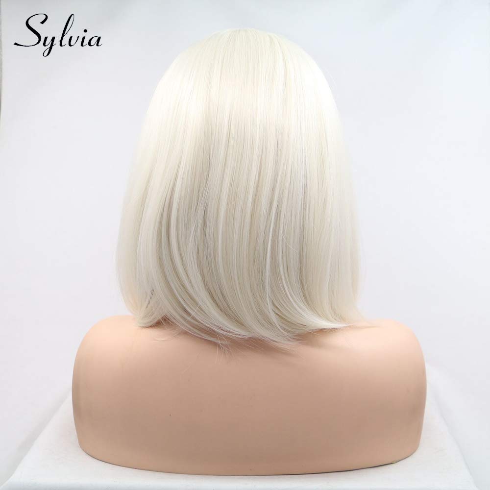 sylvia Platinum Blonde Bob Hairstyle Synthetic Lace Front Wigs Middle Parting 60# Short Straight Heat Resistant Fiber Hair…