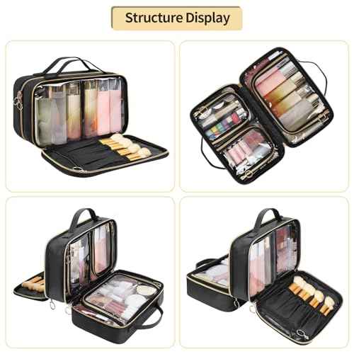 OCHEAL Travel Toiletry Bag, Double Layer Clear Makeup Bag Organizer Large Capacity Cosmetic Bag for Traveling Women Beauty Essentials, Multiple Compartments Makeup Case- Black