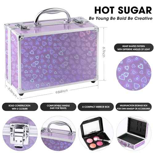 Hot Sugar Makeup Kit for Teenager Girls - Full Starter Cosmetics Set with Eye Shadow Lip Balm Blush Lip Gloss Brush Lip Pencil Eye Pencil and Mirror (Purple Love)