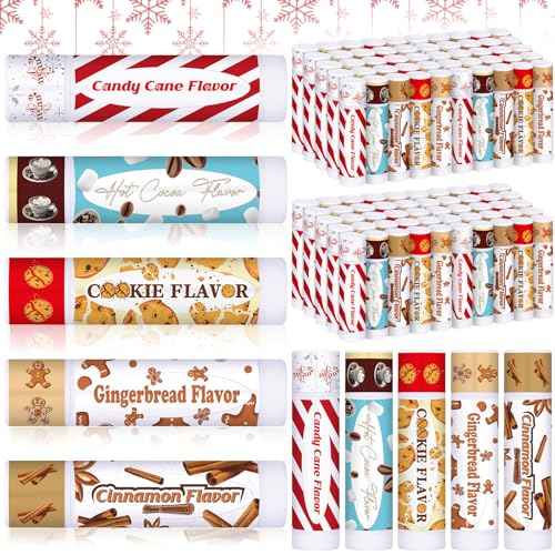 50pcs Christmas Peppermint Candy Flavor Lip Balms Gift Bulk Candy Gingerbread Hot Cocoa Cookie Cinnamon Flavor Lip Balm Christmas Party Gift Stocking Stuffer for Coworker Staff Employee (Cute)
