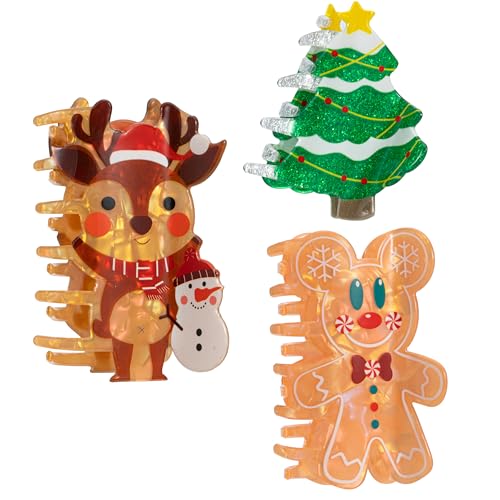 Glitter Christmas Tree Gingerbread Hair Claw Clips for Women - Christmas Reindeer Hair Claw Clips 3inch Winter Holiday Strong Grip Clips for Thick/Thin Hair Acrylic Hair Clips 3Pcs