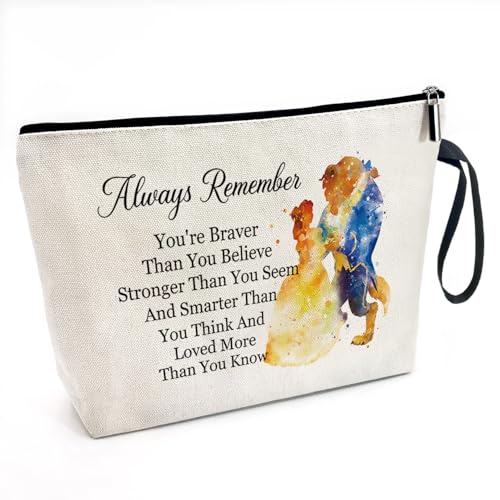 You Are Braver Stronger Funny Canvas Zipper Makeup Bag, Travel Accessories Storage Toiletries Bag, Beauty Beast Inspired Gifts, Gifts for Beauty Beast Movie Fans Daughter Sister Friend