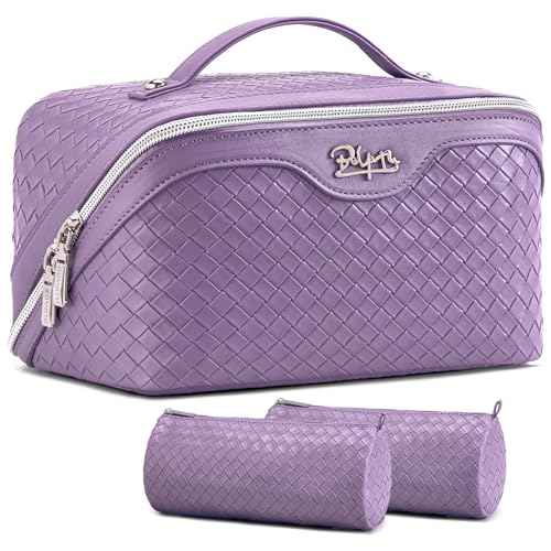 BOYATU Travel Makeup Bag Cosmetic Bags for Women: Large Capacity 3 Pcs Set Make up Bag with Compartments - Waterproof Vegan Leather Toiletry Organizer Bags with Handle - Travel Essentials(L01 Purple)