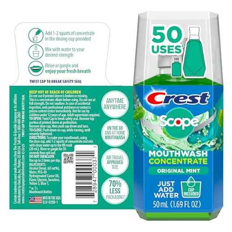 Crest Scope Mouthwash Concentrate, Travel Size Mouthwash, Original Mint Flavor, Helps Freshen Breath, 2 Pack -50 ml Squeeze Bottles