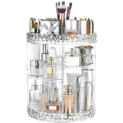 ZHIAI 360 Rotating Makeup Organizer, Large Capacity Cosmetics Organizer for Perfume Holder Organizer Countertop, DIY Adjustable Bathroom Makeup Carousel Holder Rack, Clear Diamond