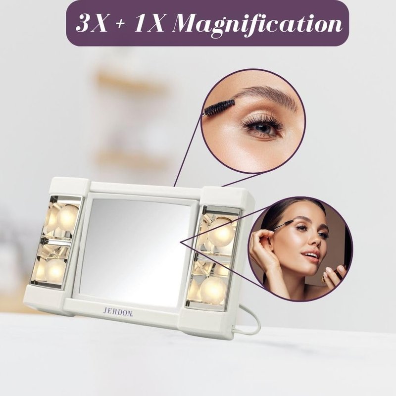JERDON Two-Sided Makeup Mirror with Lights - 3X Magnification & Glare-Free Lighting | White Base, Model J1010