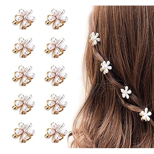 10 Pcs Small Mini Pearl Claw Clips with Flower Design, Sweet Artificial Bangs Clips Decorative Hair Accessories for Women Girls