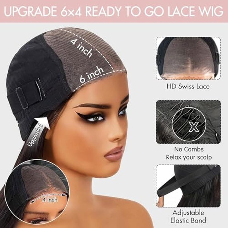 Bob Glueless Wigs Human Hair Pre Plucked Pre Cut 6x4 HD Transparent Lace Front Wigs Human Hair 150% Density Wear and Go Short Straight Wigs for Black Women No Glue 14 Inch