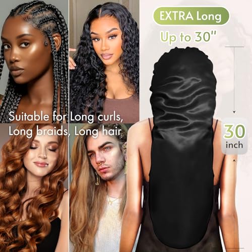 BONNET QUEEN Braid Bonnet Silk Bonnet Foldable Extra Long Wrap for Braids Satin Bonnets with Tie Band Long Sleep Cap, Black