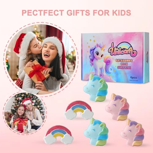 Rainbow Unicorn Bath Bombs Gift Set,6 Pcs Natural Handmade Bathbomb with Toys Surprise Inside for Girls Boys for Kids, Organic Bath Bomb for Christmas or Birthday Gift
