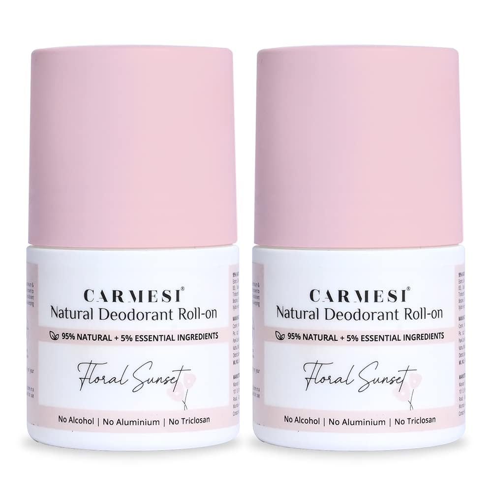 Carmesi Natural Deodorant Roll On - Floral Sunset | 95% Natural | Reduces Dark Underarms & Body Odor | No Aluminium & Alcohol-Free for Women | 1.69 Fl Oz (Pack of 2)