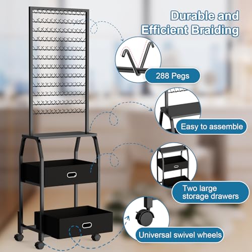 Portable Braiding Hair Rack with Wheels & Storage Drawers,2-Sided 288 Pegs,Hair Extension Holder Hanger for Braiding Hair Separator Stand Display,Hair Rack with Stylist Hair braiding Tools (Black)