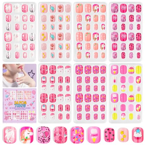 SAVILAND Press on Nails for Kids 168PCS: Kid Press on Nail for Girls Colorful Patterns Kids Fake Nails Tips Strong Adhesion Short Square False Acrylic Nail Art Christmas Easter Gifts 8-12 Years Child
