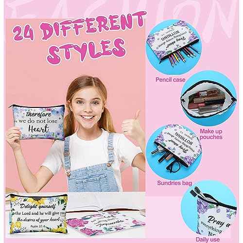 24 Pcs Christian Makeup Bag Bible Cosmetic Bags Inspirational Bible Verse Toiletry Pouches Canvas Motivational Pouches with Zipper for Women Organize Cosmetics Toiletries Stationery(Floral)