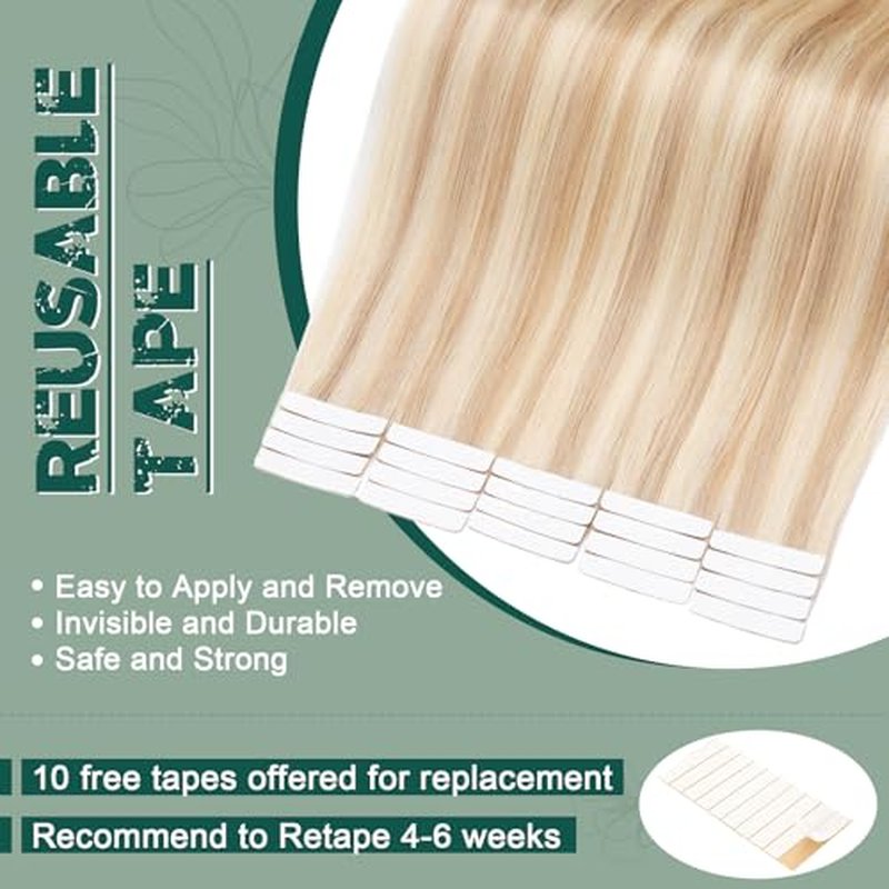 Benehair 20pcs Remy Tape in Hair Extensions Human Hair Ash Blonde&Bleach Blonde Seamless Skin Weft Tape in Real Human Hair Extensions Straight Hair 18 Inch 30g #18P613