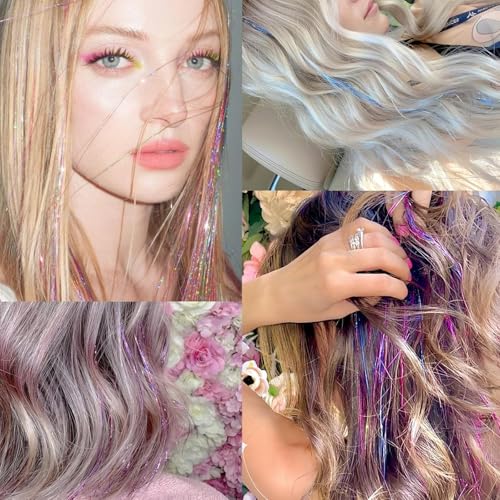 Hair Tinsel,18 Colors Hair Tinsel Kit for Girls 7600 Strands Fairy Tinsel Hair Extensions Holographic Hair Tinsel Heat Resistant Colored Hair Glitter Christmas Party Festival (18 Colors)