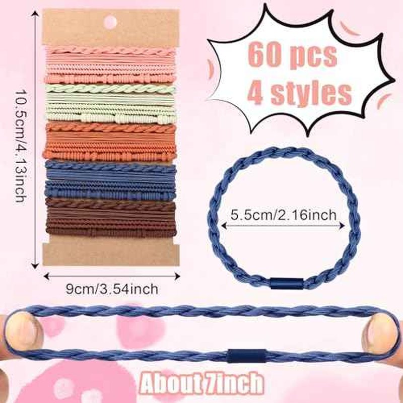 60 Pcs Boho Hair Ties, 4 Styles Elastic Hair Tie Bracelets for Women Hair Tie Bracelets Ponytail Holders for Girls with Thick and Thin Hair