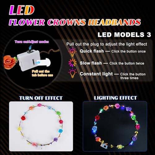 24 PCS LED Flower Crowns Headbands, Light Up Flower Crowns for Women & Girls, Glow in The Dark Flower Hairbands Wreath for Wedding Beach Party Birthday Cosplay Gifts, Halloween, Christmas