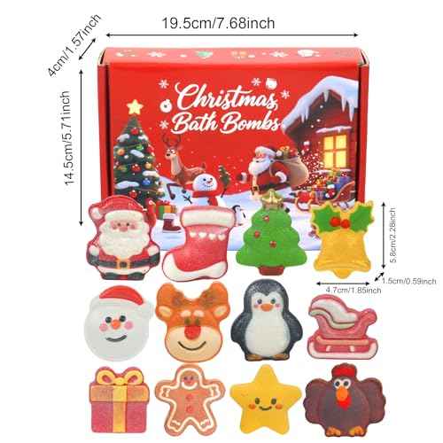 Christmas Bath Bombs for Kids & Women, Handmade Bath Bomb Gift Set of 12 Festive Shapes, Perfect Stocking Stuffers for Teen Girls & Boys, Skin Care Bathbombs as Christmas Gifts for Kids