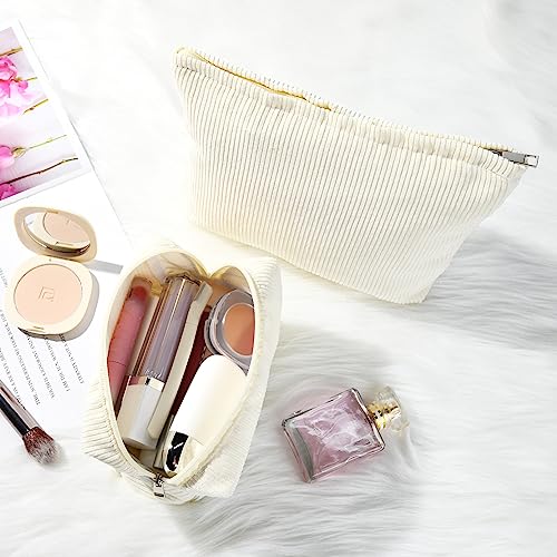 SOIDRAM 2 Pieces Corduroy Makeup Bag Large Corduroy Cosmetic Bag Capacity Canvas Mix Travel Toiletry Bag Organizer Cute Makeup Brushes Aesthetic Accessories Storage Bag for Women