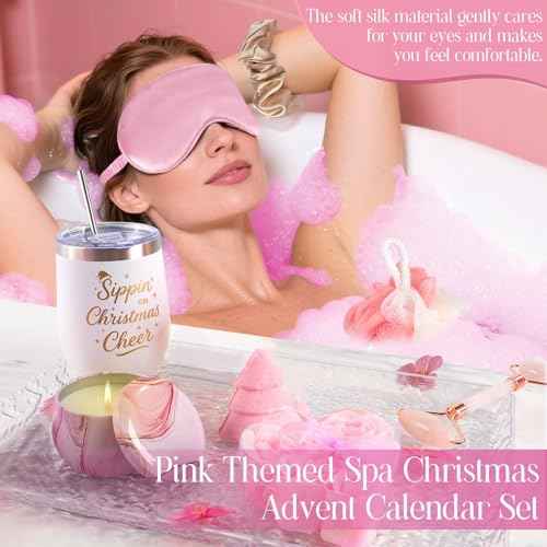 Spa Advent Calendar 2025 Adult Women Teen Girls - Christmas Bath Advent Calendar for Mom, Wife, Girlfriend, Sister, Her - Pink Spa Gifts Basket Set with Mugs, Bath Bomb, Shower Steamer, Candle & Relaxing GuaSha Tools