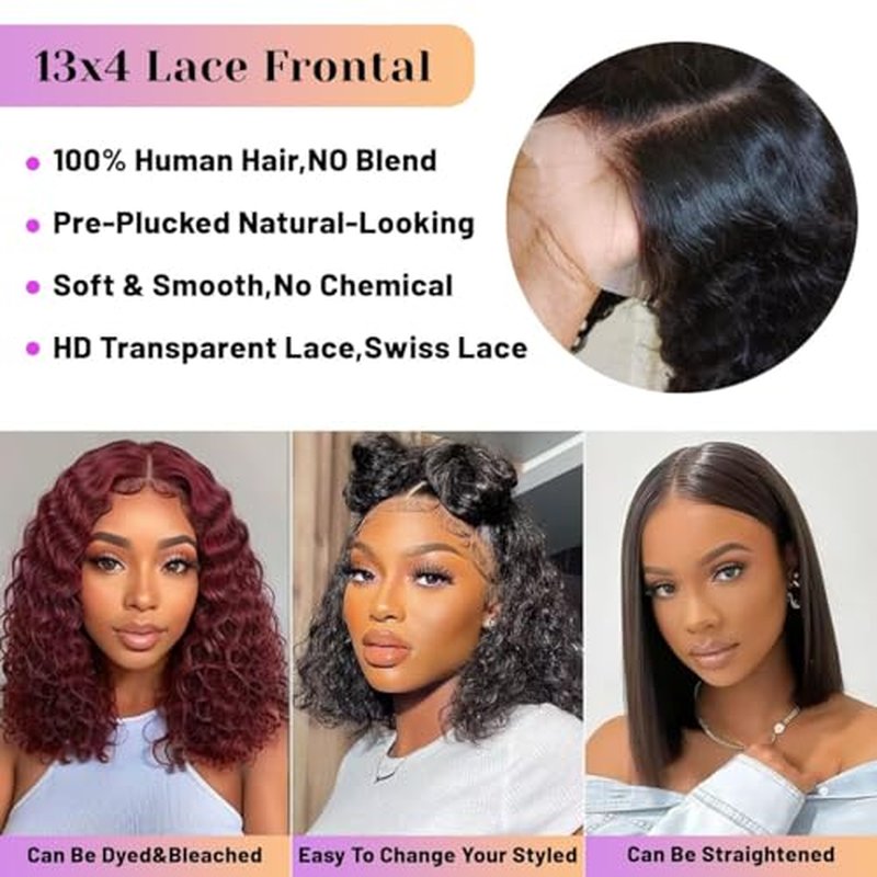 Short Bob Deep Wave Lace Front Wigs Human Hair 13x4 HD Lace Front Wigs Human Hair Pre Plucked Wet and Wavy Wigs for Women 180% Density Deep Curly Hair Wigs with Baby Hair