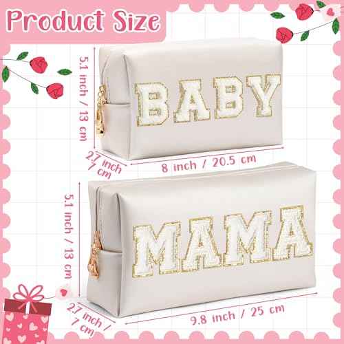 CY2SIDE MAMA Baby Letter Makeup Bag - 2PCS White MAMA and BABY Chenille Letter Patch Cosmetic Bag Pink PU Leather Patch Pouch Waterproof Portable Zipper Travel Organizer Case Xmas Gifts for Mom Women