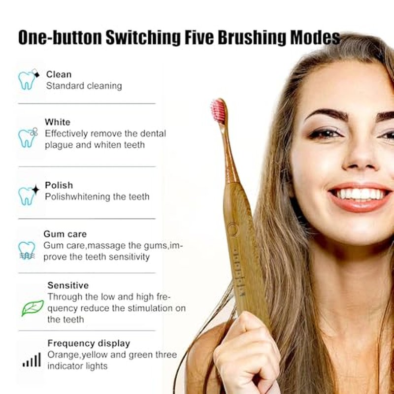 Electric Bamboo Toothbrush Sonic Toothbrush - 4 Replaceable Bamboo Brush Heads Eco-Friendly IPX7 Waterproof Electric Toothbrush, One-Button Switch Five-Mode Brushing