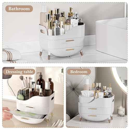Makeup Organizer for Vanity, Large Capacity Skincare Cosmetic Organizer Countertop with 2 Drawers, Cosmetic Display Cases Makeup Storage Box for Bedroom, Bathroom, Ideal Gifts for Women(White)