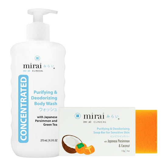 Mirai Clinical Body Odor Eliminator Bundle: Renewing Body Wash & Persimmon Soap Bar Set - Natural Deodorizing with Persimmon & Green Tea Extracts - Nonenal Elimination for Women & Men - 9.29 Fl oz Bod