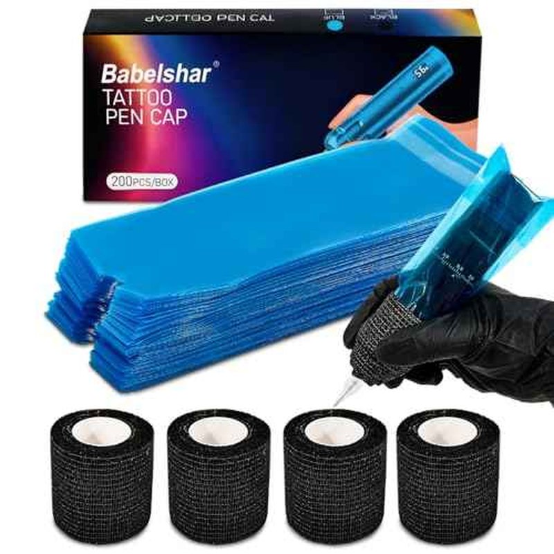 200Pcs Blue Tattoo Machine Covers & 4 Black Grip Tape, 7.2 X 2.5 Inch Disposable Professional Sealable Tattoo Pen Covers Supplies and Accessories