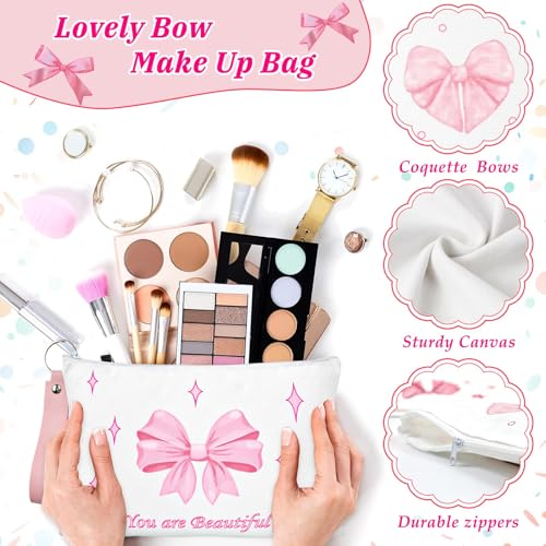 PUNICA 8 Pcs Pink Coquette Bow Makeup Bag Preppy Cosmetic Bags Canvas Zipper Pouch with Handle, Travel Bag Gift for Nurse Women Girls Coquette Party Favors Storage Accessories