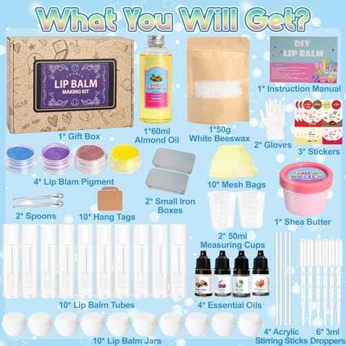 JUYRLE DIY Lip Balm Kit - Make Your Own Natural Beeswax Lip Balm with Containers, Moisturizing Base, Perfect for Kids and Adults