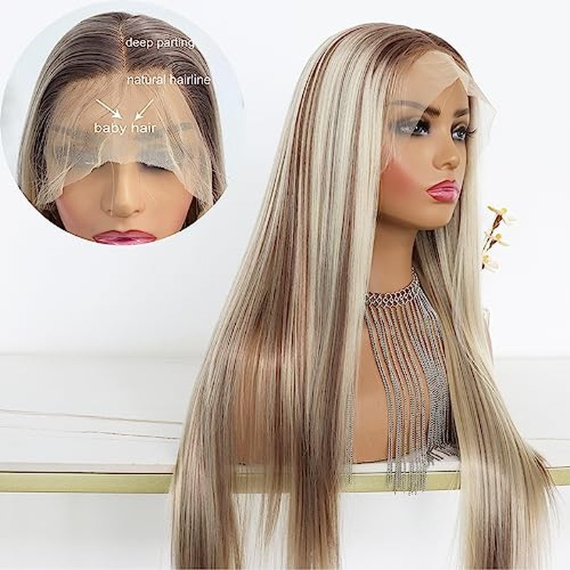 Highlight Ash Blonde Lace Front Wig Long Straight Glueless Ombre Brown Mixed Blonde 13x4 Synthetic Lace Front Wigs for Women 150 Density 24 Inches