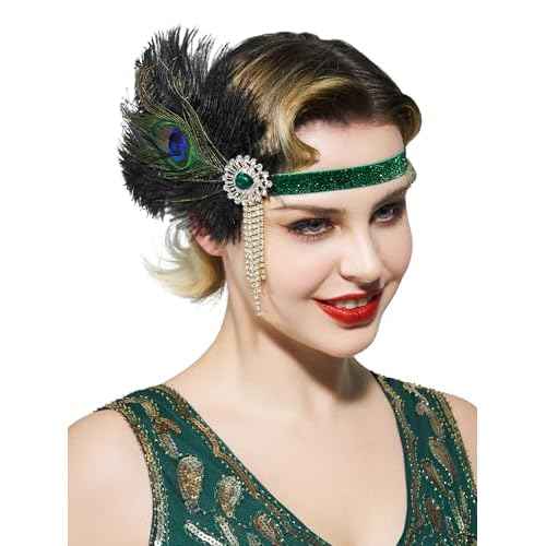 SWEETV 1920s Flapper Headpiece for Women, Roaring 20s Flapper Headband Great Gatsby Hair Accessory for Women,Green