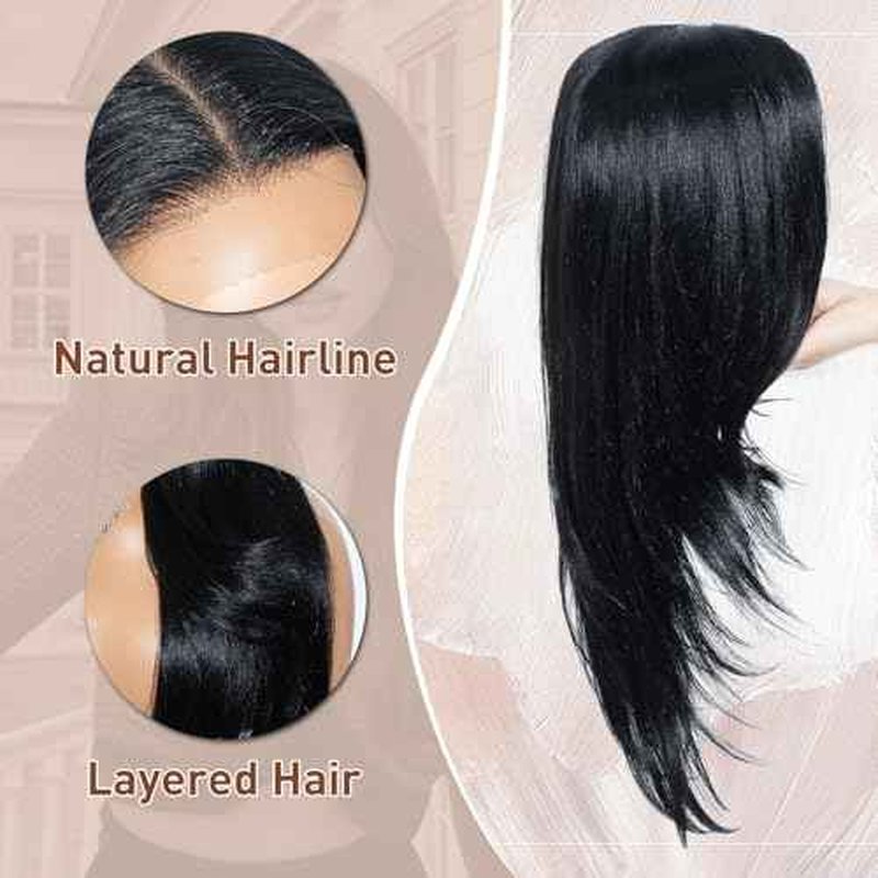 Joedir 28" Long Straight 13x4 Lace Frontal Wigs for Black Women Free Part Lace Front Wigs with Baby Hair Natural Hairline Black Root Easy-360 Synthetic Hair Wig Heat Resistant Fiber (Jet Black)