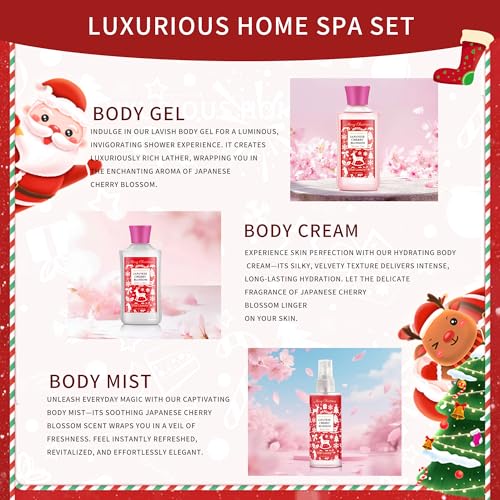 Christmas Bath and Body Gift Set - Luxurious Japanese Cherry Blossom Spa Kit with Gel, Lotion, Mist, a Warm Christmas Gift for Mom, Aunt, Girlfriend & Friends Who Loves Self-Care