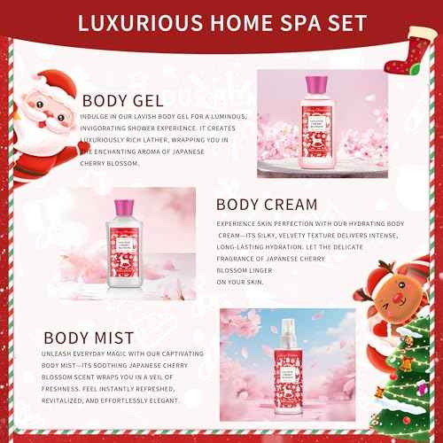 Christmas Bath and Body Gift Set - Festive Japanese Cherry Blossom Spa Kit with Gel, Lotion, Mist, a Must-Have Holiday Gift for Mom, Wife, Sister & Friends to Celebrate Christmas