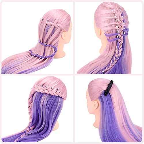 TopDirect 29" Mannequin Head with Hair,Doll Head for Cosmetology Hair Styling Training Head,Manikin Braiding Head With Clamp Holder and Styling Tools (Pink Purple)